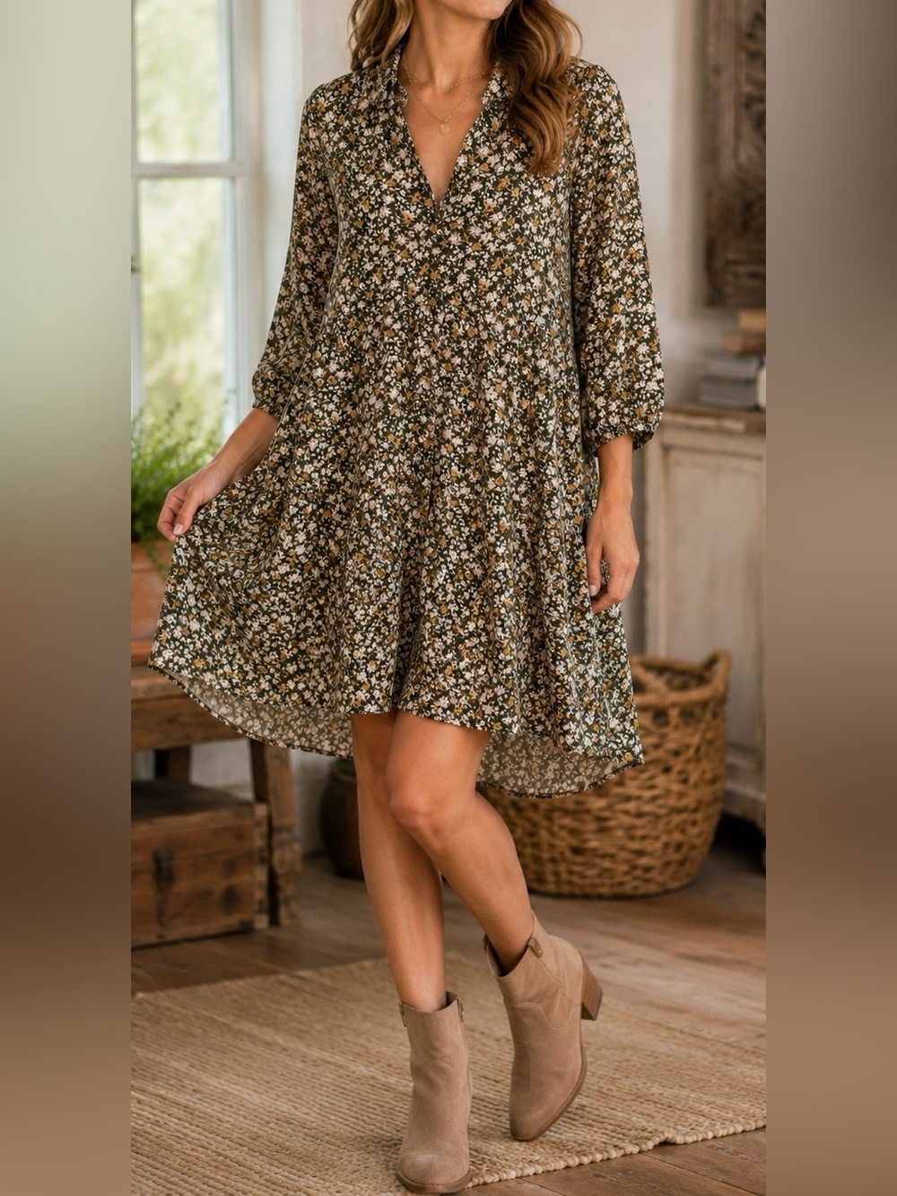 Umgee Olive Green and Yellow Floral Tiered V-Neck Dress - Size M?